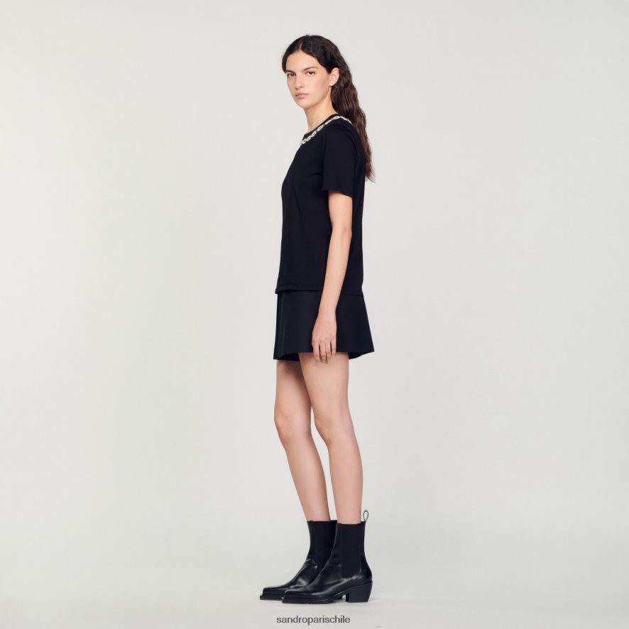 Sandro Paris camiseta de algodón orgánico con cuello joya negro mujer vestir JJ402J114