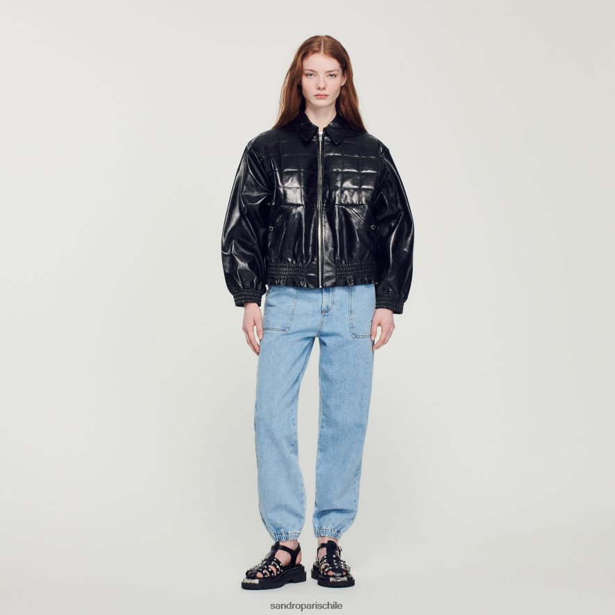 Sandro Paris chaqueta de cuero liso negro mujer vestir JJ402J442