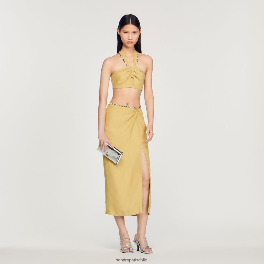 Sandro Paris falda con abertura y pedrería verde lima mujer vestir JJ402J373