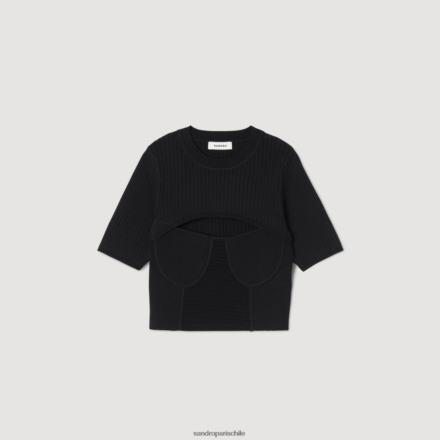 Sandro Paris suéter corto calado negro mujer vestir JJ402J62