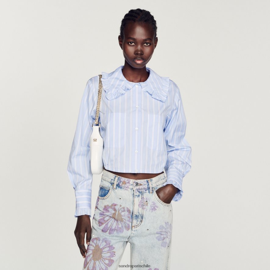 Sandro Paris camisa corta con cuello grande blanco azul mujer vestir JJ402J315