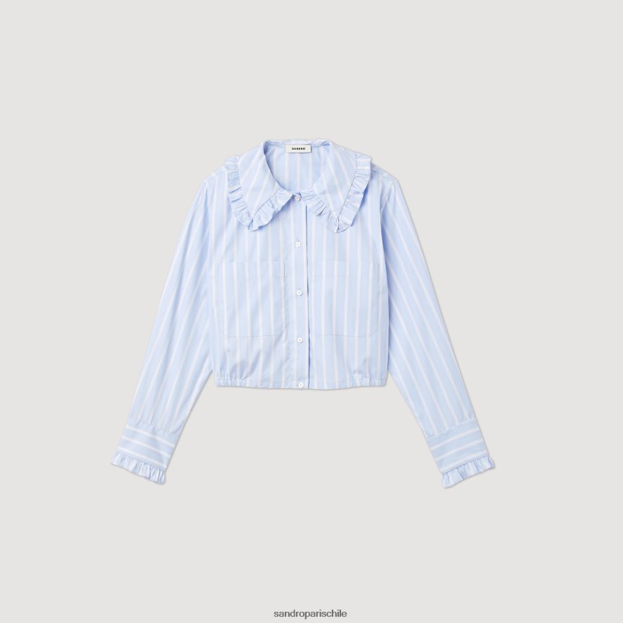Sandro Paris camisa corta con cuello grande blanco azul mujer vestir JJ402J315