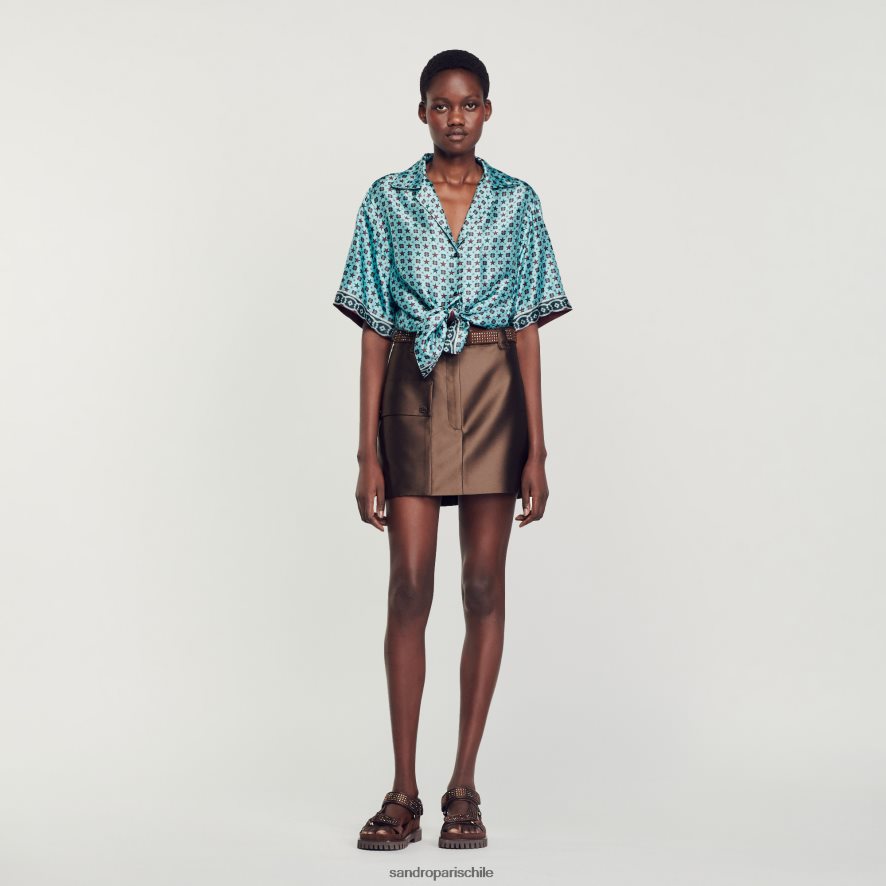 Sandro Paris camisa estampada turquesa/marrón mujer vestir JJ402J82