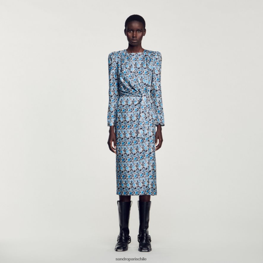 Sandro Paris vestido largo drapeado de seda azul/beige mujer vestir JJ402J51