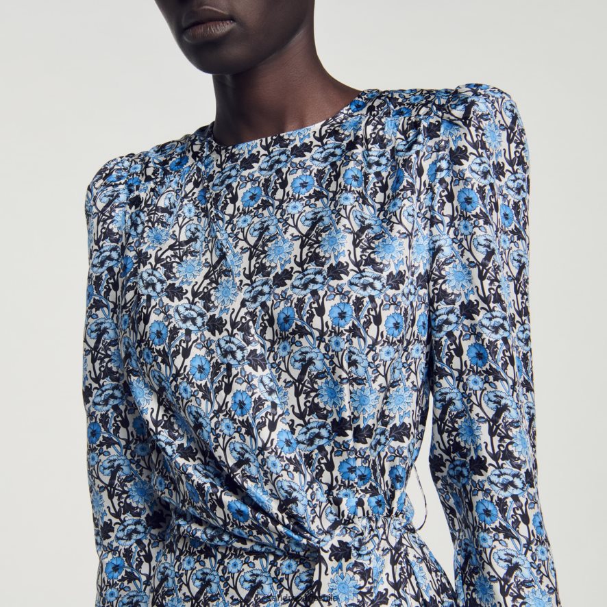 Sandro Paris vestido largo drapeado de seda azul/beige mujer vestir JJ402J51