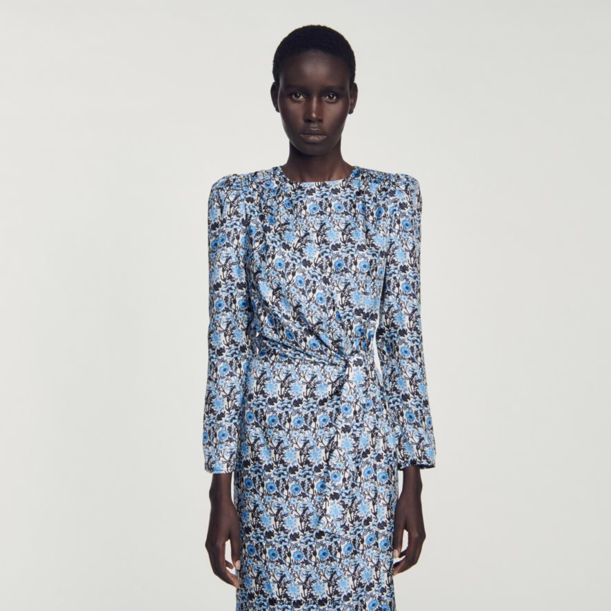 Sandro Paris vestido largo drapeado de seda azul/beige mujer vestir JJ402J51