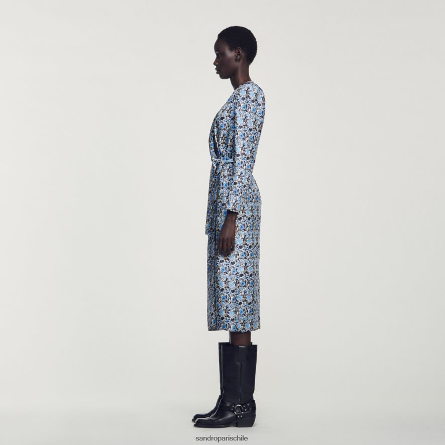 Sandro Paris vestido largo drapeado de seda azul/beige mujer vestir JJ402J51