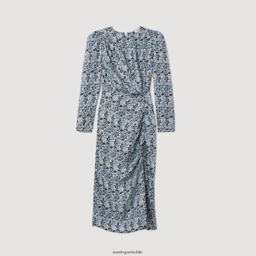 Sandro Paris vestido largo drapeado de seda azul/beige mujer vestir JJ402J51